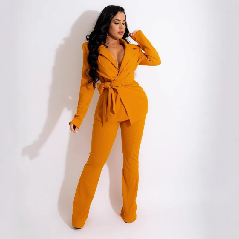 

Amazon Solid Color Fashion V-neck Women's Two-piece Set Independent Station Cross-border European and American Women's Clothing