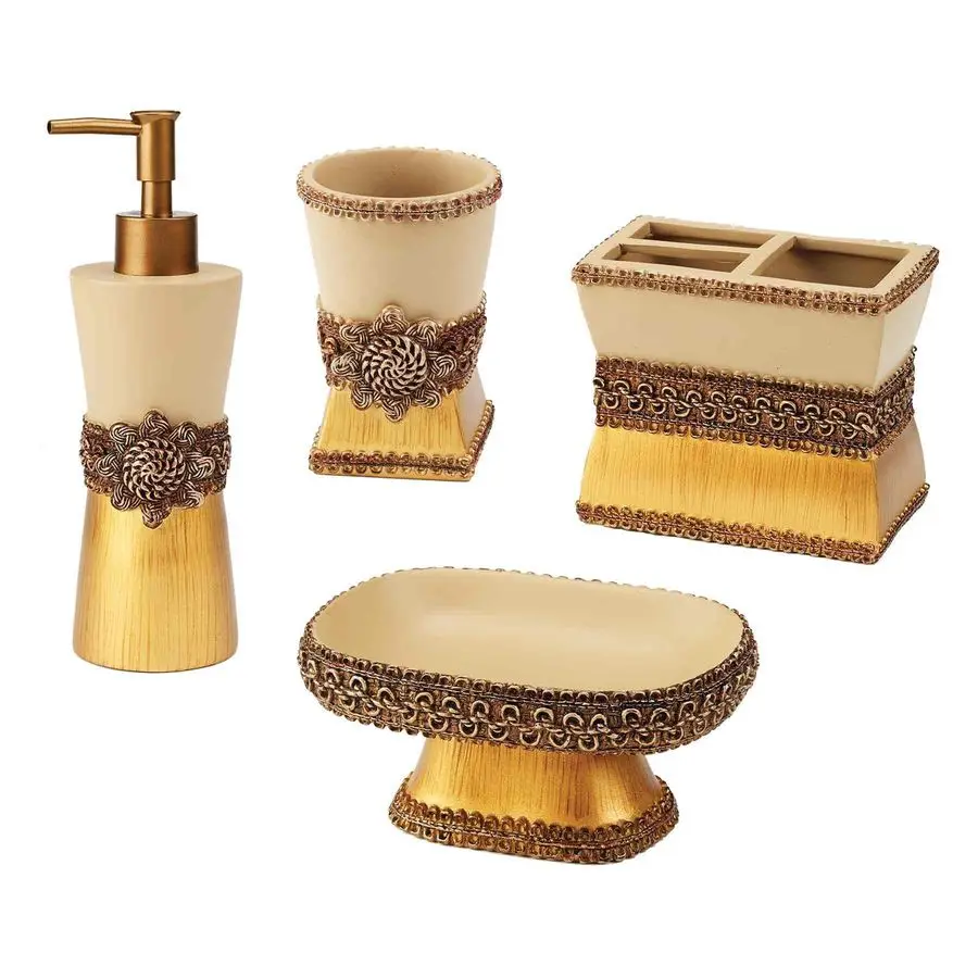 

Набор аксессуаров: стакан из полимерной смолы, подставка для зубных щеток, мыльница и дозатор для лосьона, прочный декор для ванной комнаты, коллекция с плетеным узором, серия Gol.