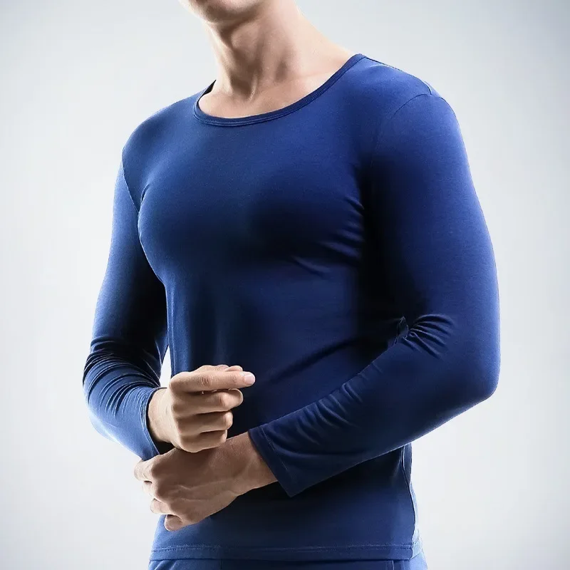 Mens Autumn Base Cotton Skin Friendly Thin Sleepwear Thermal Underwear Top Casual Loose Long Sleeved Elastic Warm Pullover Shirt