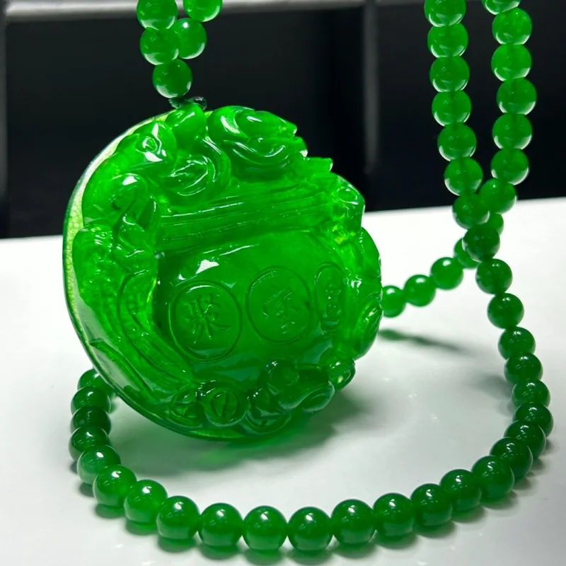 

Certified Natural Ice Jade Jadeite Carved Treasure Basin Pendant&Necklaces Cornucopia