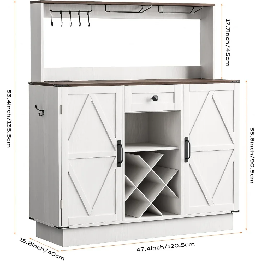 Wood Coffee Bar Table with Wine and Storage for Living Room - Modern Kitchen Buffet Sideboard with Adjustable Shelves, White