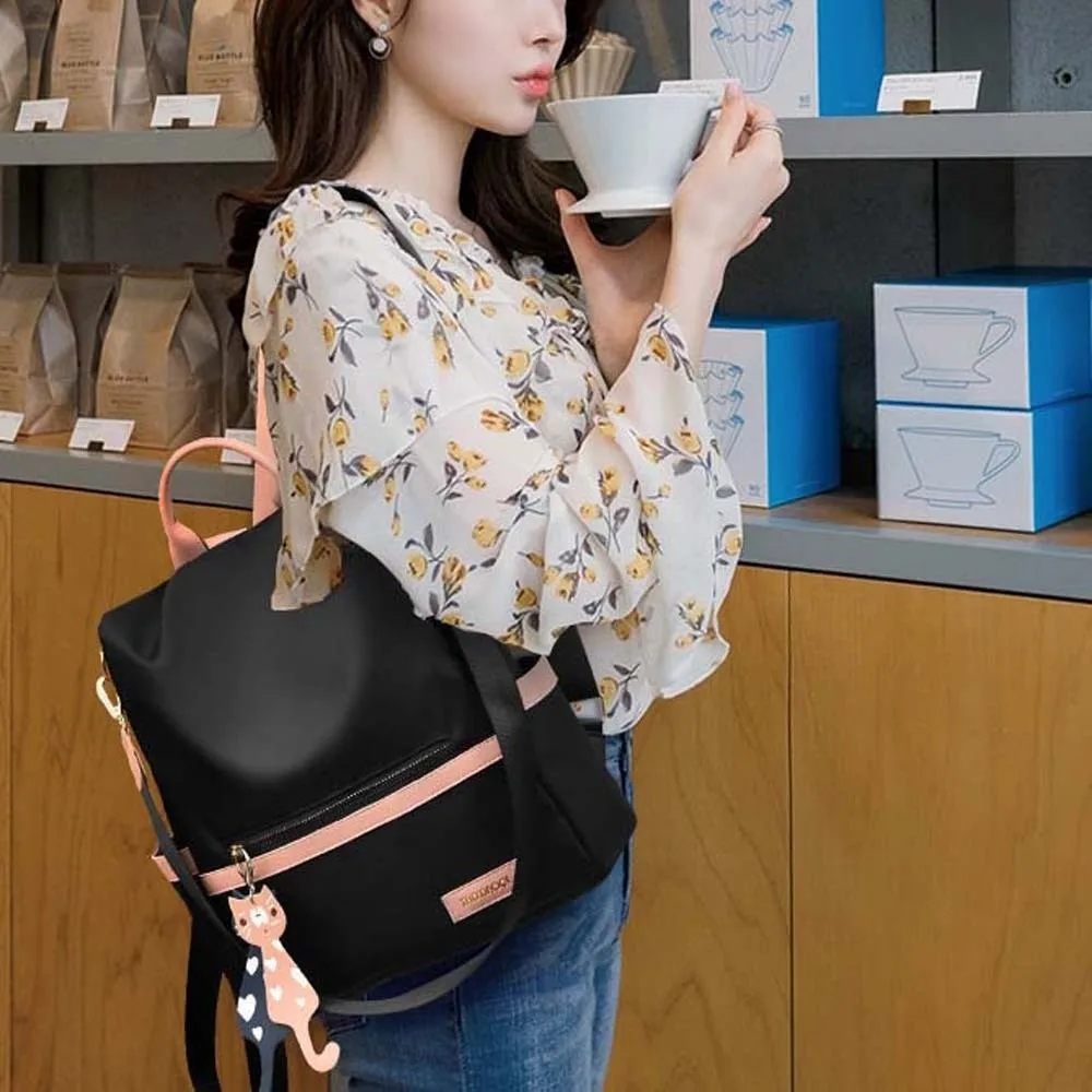 

Женский повседневный рюкзак из полиэстера, большая вместимость, подвеска из искусственной кожи с изображением кота, ткань Оксфорд, рюкзак, защита от царапин, защита от кражи