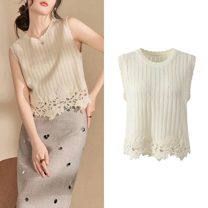 

Новинка лета: Модный вязаный жилет с круглым вырезом, кружевными цветами и узором в виде цветов, стройнящий, молодежный дизайн