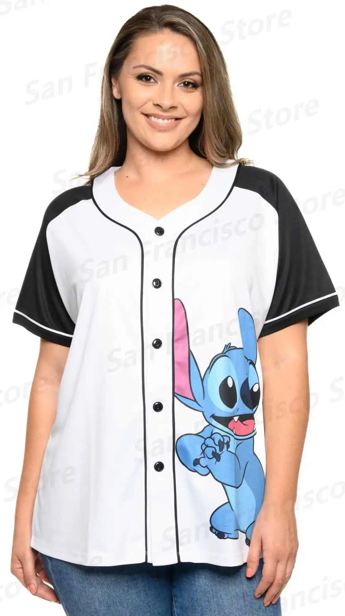 Summer New Boys and Girls Disney Stitch Pattern Rough Sleeve Collarless Shirt KID/Adult Casual Breathable Baseball Shirt Jersey