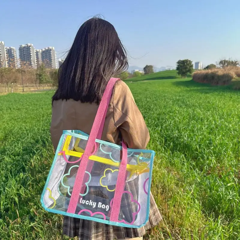 Transparent PVC Beach Tote Bag Waterproof Palm Print For Summer Seaside Swimming Trips