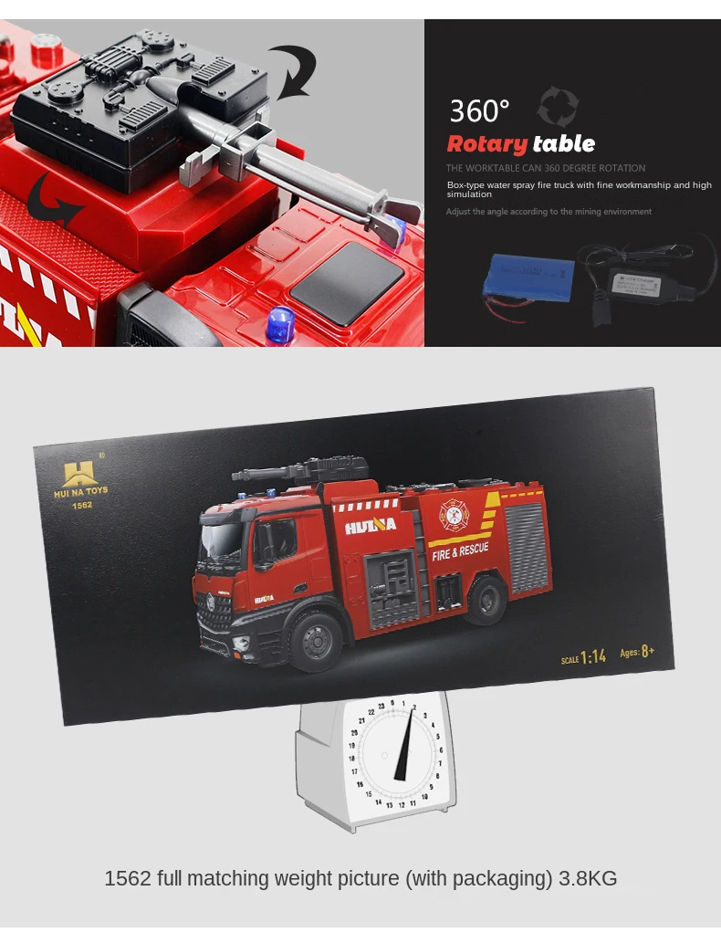 HUINA RTR 1/14 2.4G 1562 RC Remote Control Box Water Sprayable Fire RC Truck Car Battery Gifts Outdoor Toys For Boys TH18050