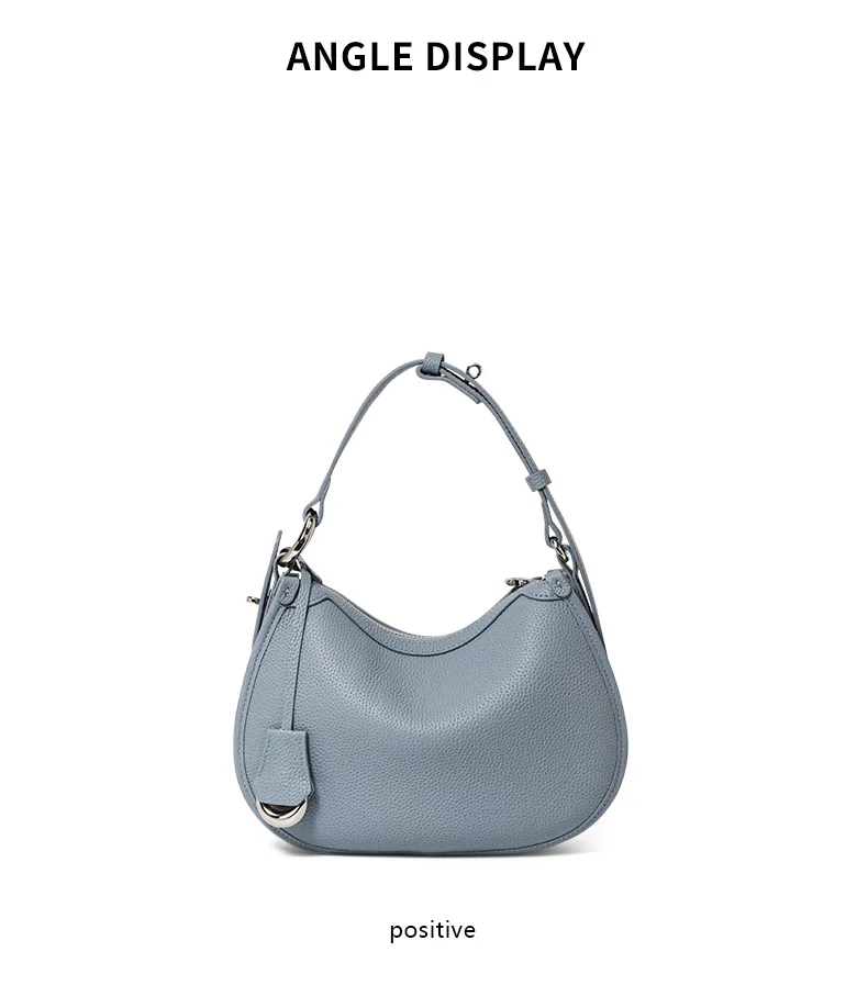 Neue hochwertige Leder-Halbmondtasche für Damen mit diagonalen Klettverschlüssen aus Rindsleder, Handtasche mit Schulterriemen und Achseltaschenfunktion. – Detail 8