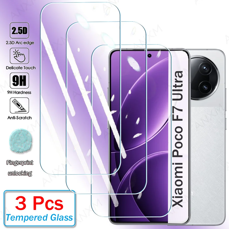 

3Pcs Tempered Glass For Xiaomi Poco F7 Ultra Pro Screen Protector Clear Protective Cover Glass Film Fingerprint Unlock