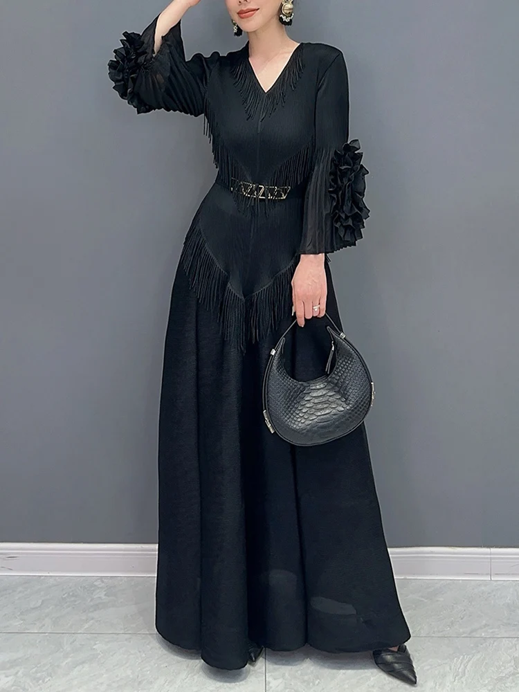 CHICEVER Spiced Tassel Midi Dress For Women V Neck Petal Sleeve High Waist Solid Folds Dresses Female Autumn Clothing New Style