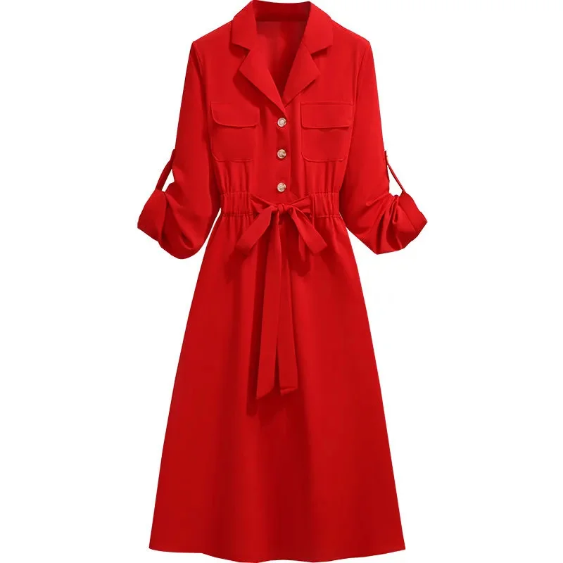 Rot Vestidos Weibliche 2025, Frühling Herbst Sommer Neue Große Größe frauen Kleid Mode Lässig Lose Temperament Hemd Kleider Damen