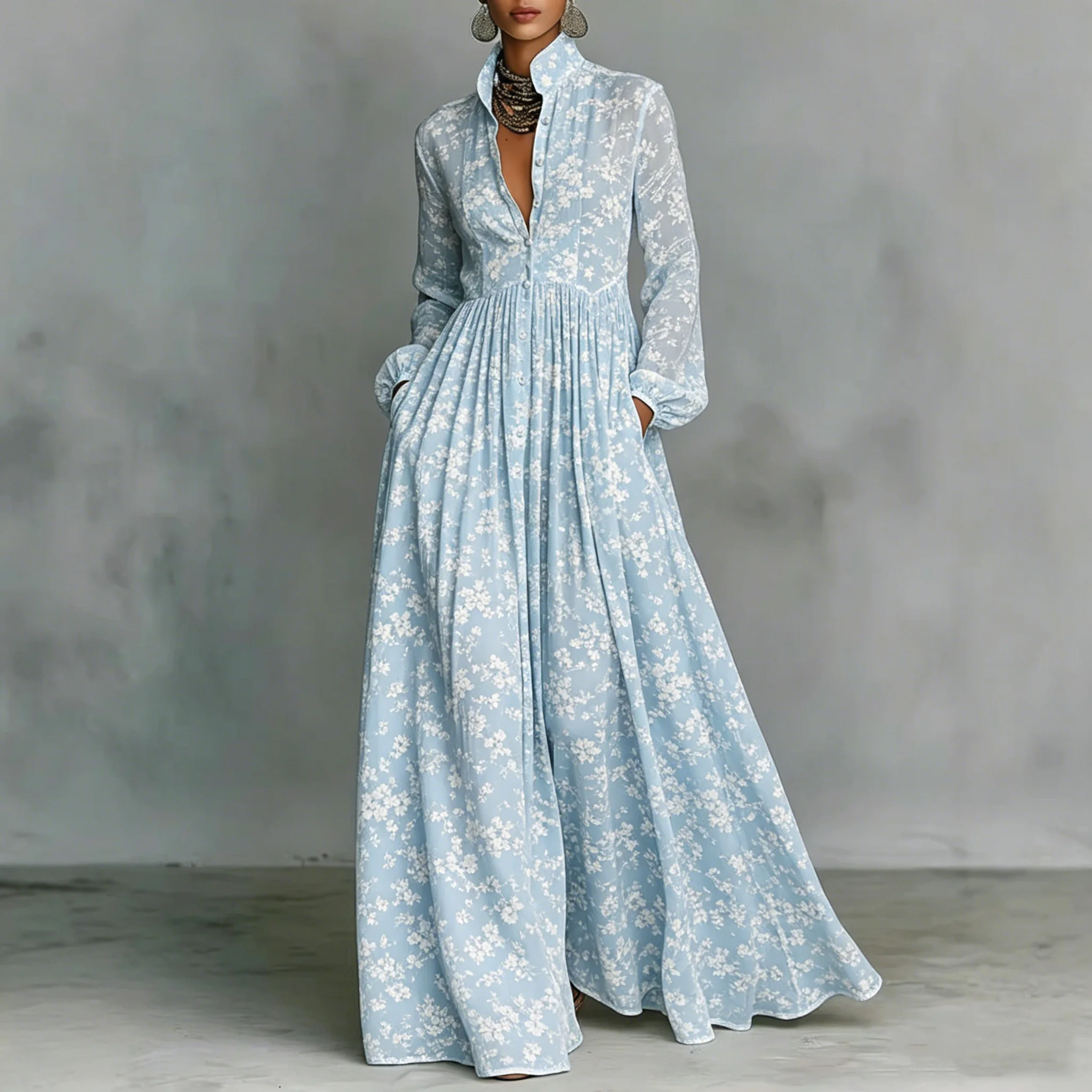 

Women's Chic Blue Floral Print Maxi Dress Elegant Stand Collar Long Sleeve Bohemian A-Line Dress With Pockets Design