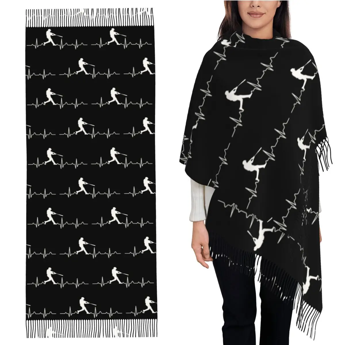 Baseball Player Heartbeat Scarf Tassel Scarves Women Soft Warm Shawls and Wraps Large Fall Winter Shawl Wrap