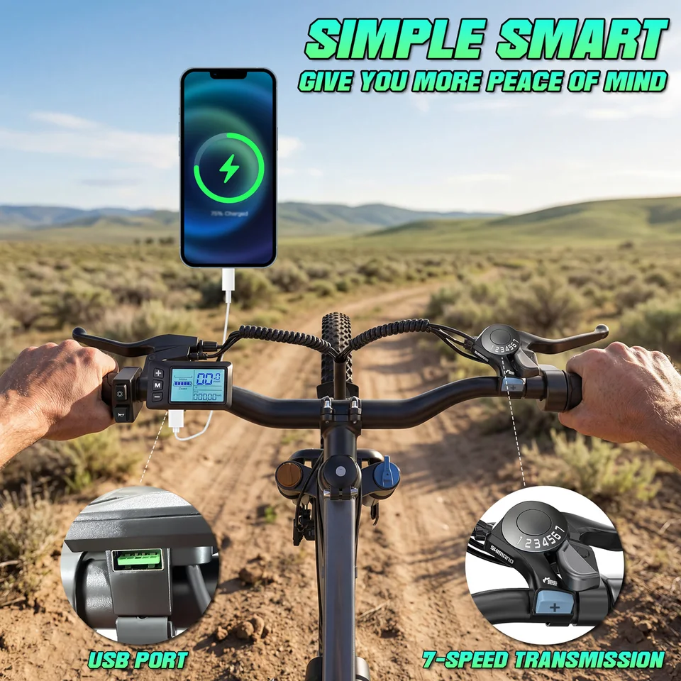 Electric Bike for Adults, 26" Commuter Ebikes with 7-Speed Gears, 25MPH Lightweight E Bike, 720W Peak Motor, 375Wh Removable Battery, 50 Miles Range, Electric Mountain Bicycle for All Terrain