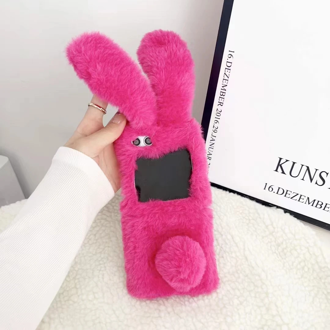 For Samsung Galaxy Z Flip 5 4 3 5G Luxury Cute Soft Fur Puff Rabbit Ear Phone Case Cover