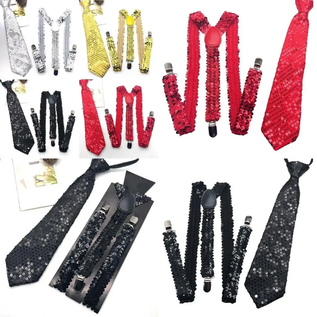 Suspensórios elegantes lantejoulas R1WE para casamentos e festas com gravata