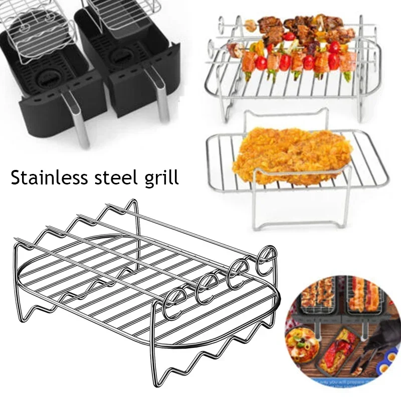 Kitchen Grill Air Fryer Rack for Ninja Dual Air Fryer with Barbecue Sticks for Double Basket Air Fryers Oven Microwave Baking