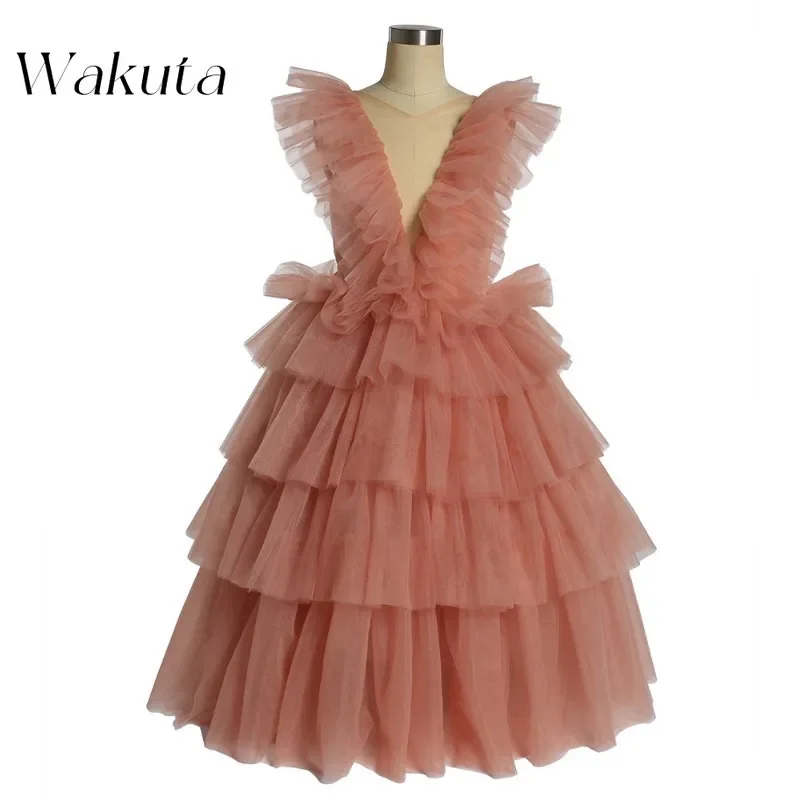 Wakuta Sexy V-neck Sleeveless Mesh Gowns فستان سهر Vintage Waisted Tiered Cute Chiffon Birthday Back To School Evening Dresses