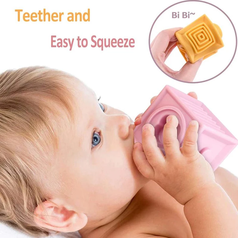 Anneau de dentition sensoriel en Silicone 3D pour bébé, jouets de construction, blocs de préhension, boule souple, Cube de bain en caoutchouc pour enfant