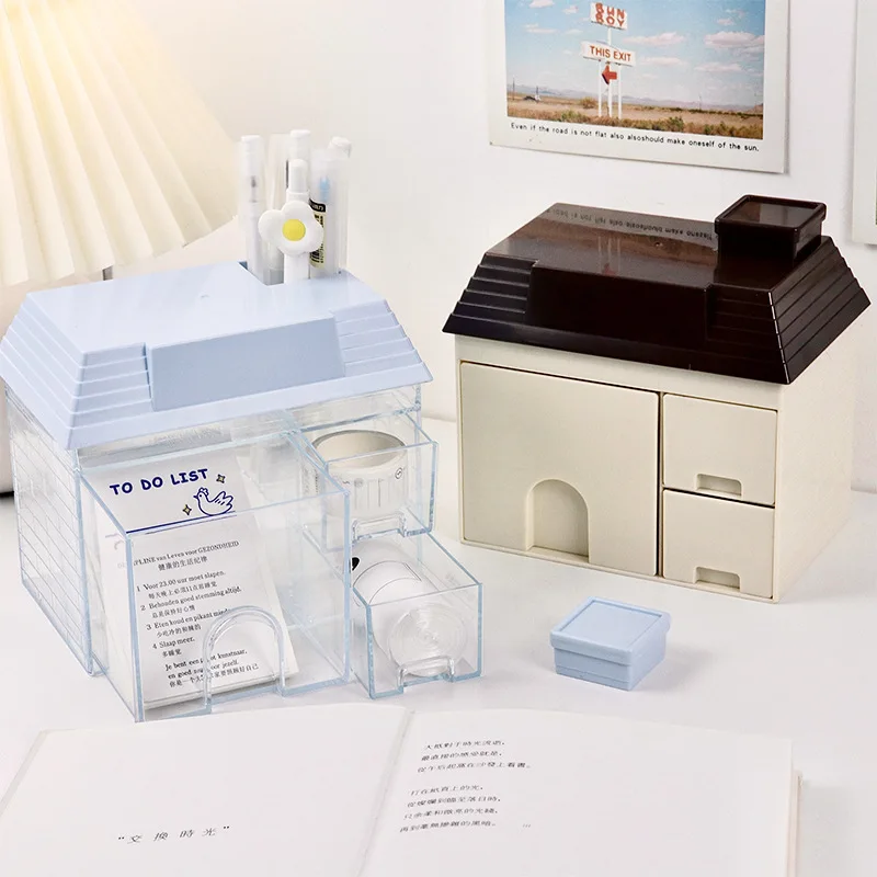 Kreative Kleine Haus Desktop Organizador Box Mädchen Schlafsaal Schreibwaren Kosmetik Schmuck Nagellack Kleinigkeiten Schublade Lagerung Box