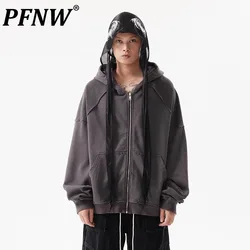 PFNW American Spliced Hooded Sweatshirt Men's Streetwear Hip Hop Mens Clothing Washed Worn-out Cardigan Trendy Tops New 28W4650