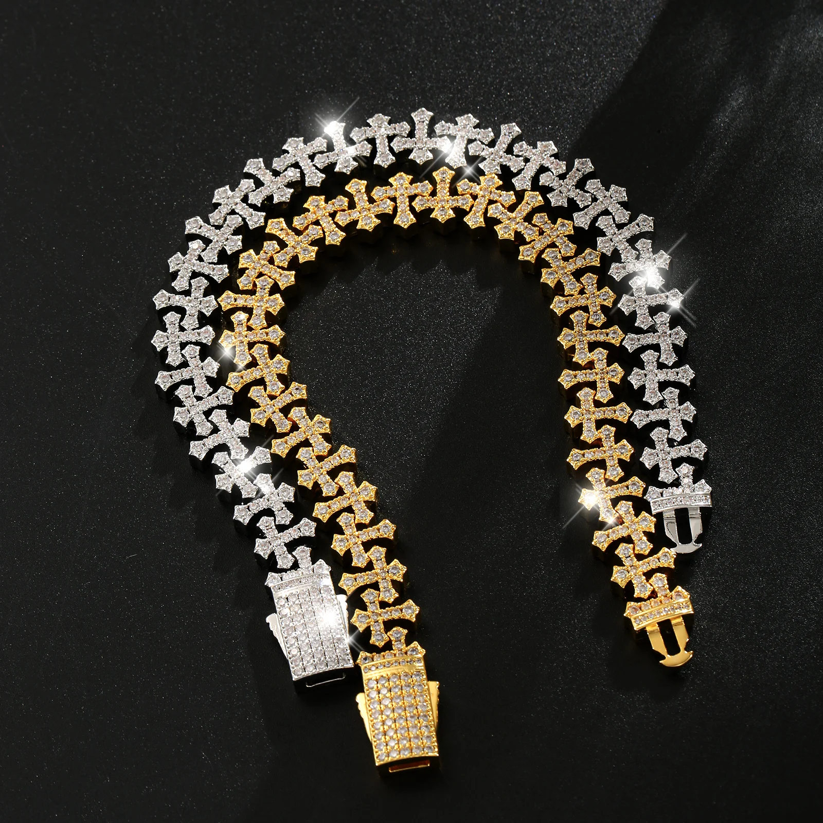 

Golden/Silvery Cross Chain Bracelet with Full-Paved Synthetic Zircon for Hip Hop Style