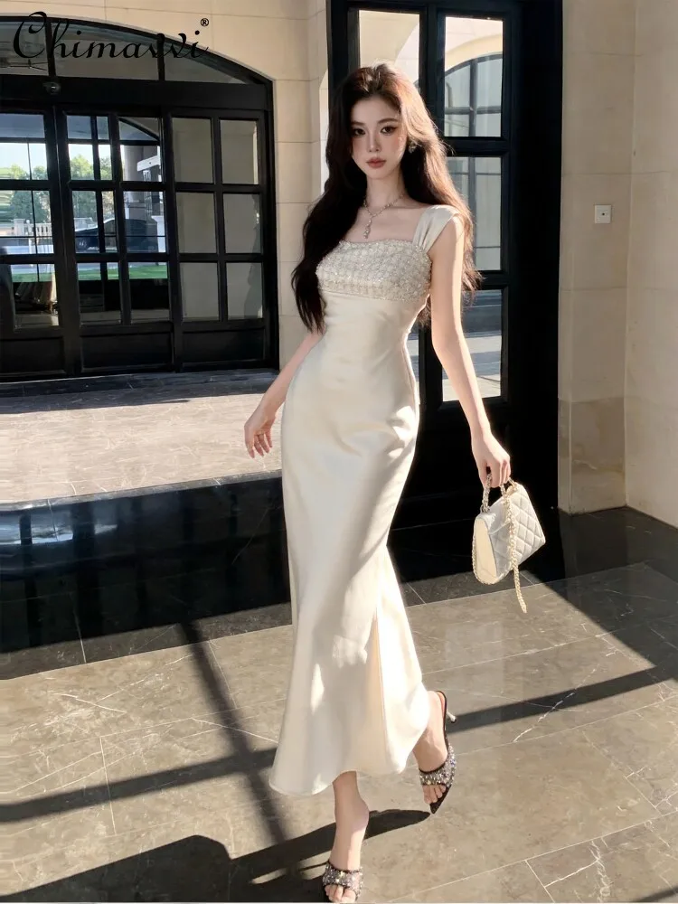 

French Elegant Temperament Socialite Sleeveless Sequined Beads Splicing High Waist Slim Fishtail Long Evening Dress Women Summer
