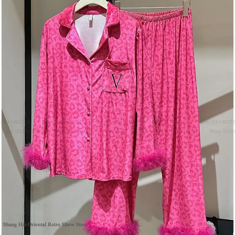 

Осенне-зимний женский бархатный пижамный комплект из 2 предметов с перьями, модная леопардовая розовая красная одежда для сна, пижамный комплект, свободная повседневная домашняя одежда