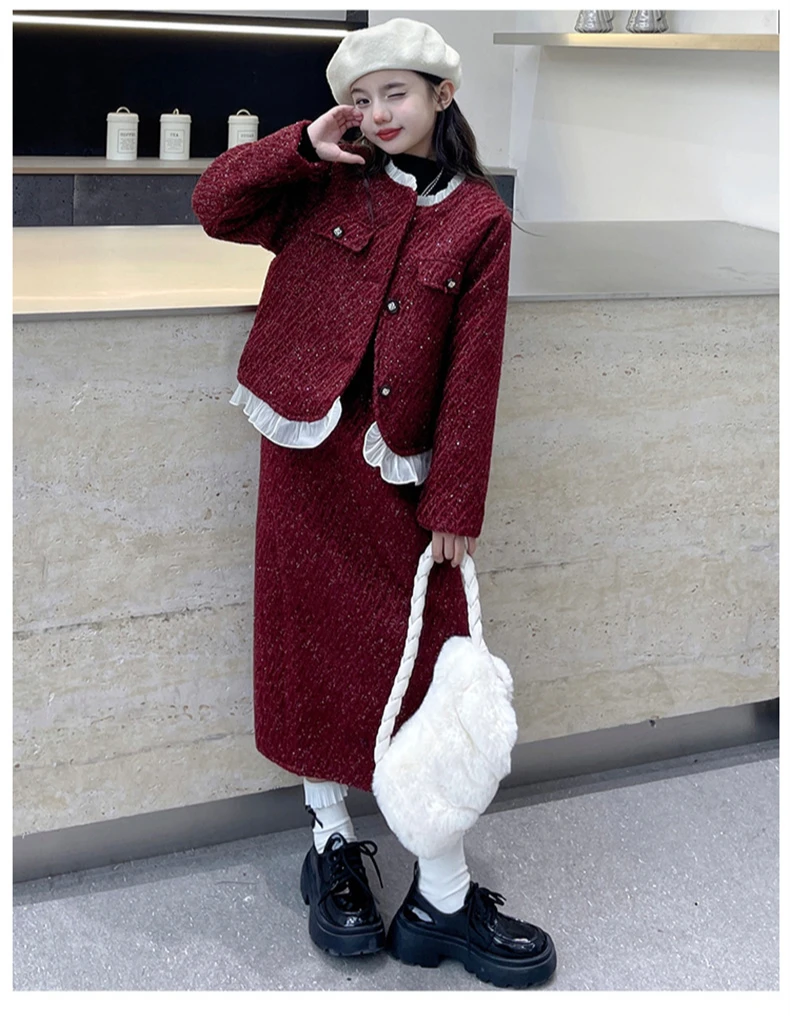 

Baby Girls Red Suits Children 2024 New Autumn Collection Fashion Coat and Skirt Two-piece Set European Fashion Style Suits