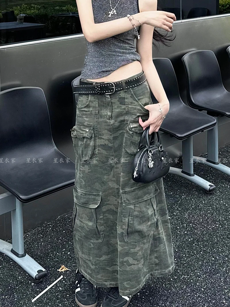 Women Vintage Baggy Camouflage Denim Skirt Grunge High Waist Y2K Street Style Camouflage Basic A-Line Streetwear