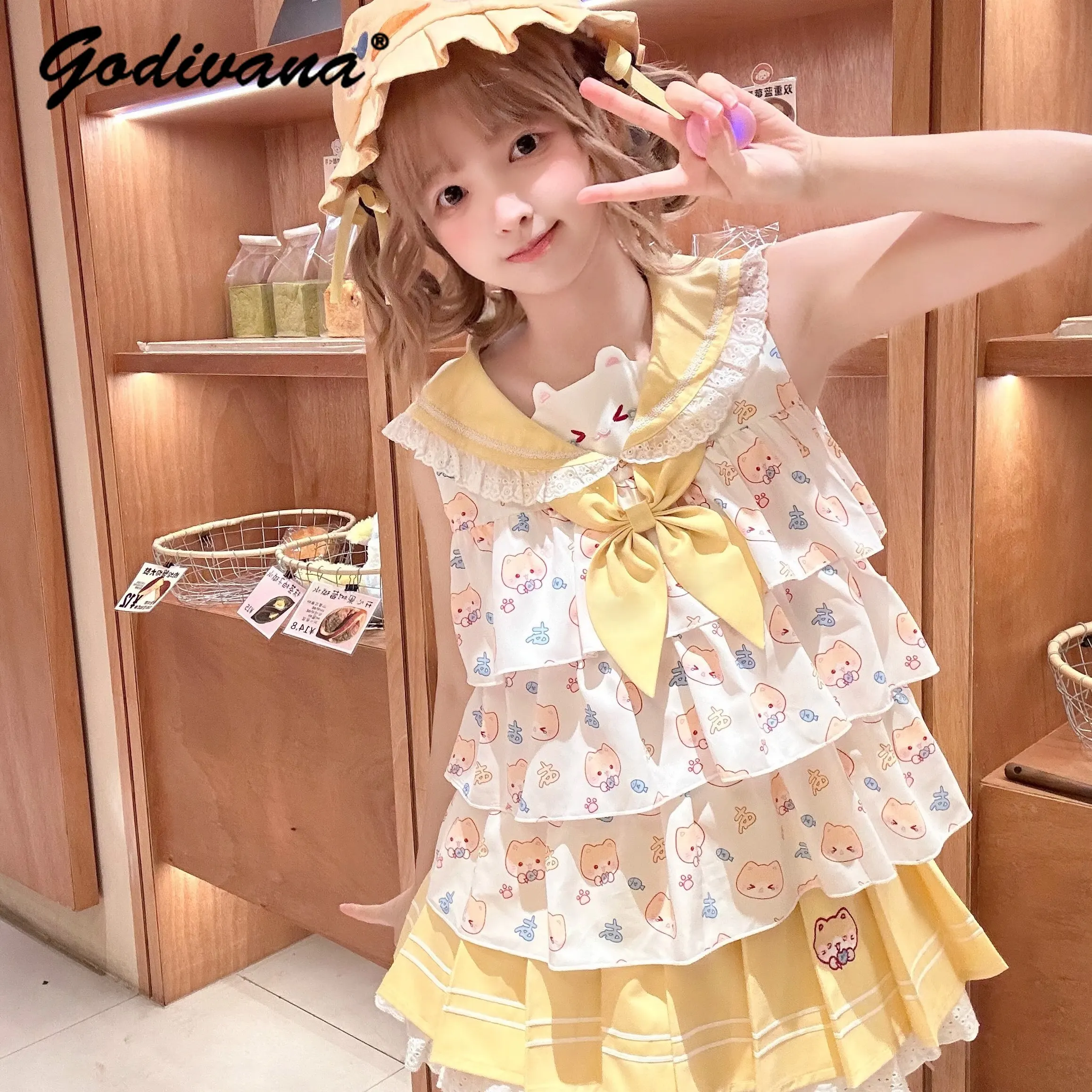 

Original Little Girls Sleeveless Lolita Sets 2026 Summer Jk Style Cute Cartoon Print Top Tiered Skirt Sweet Students 2pcs Sets