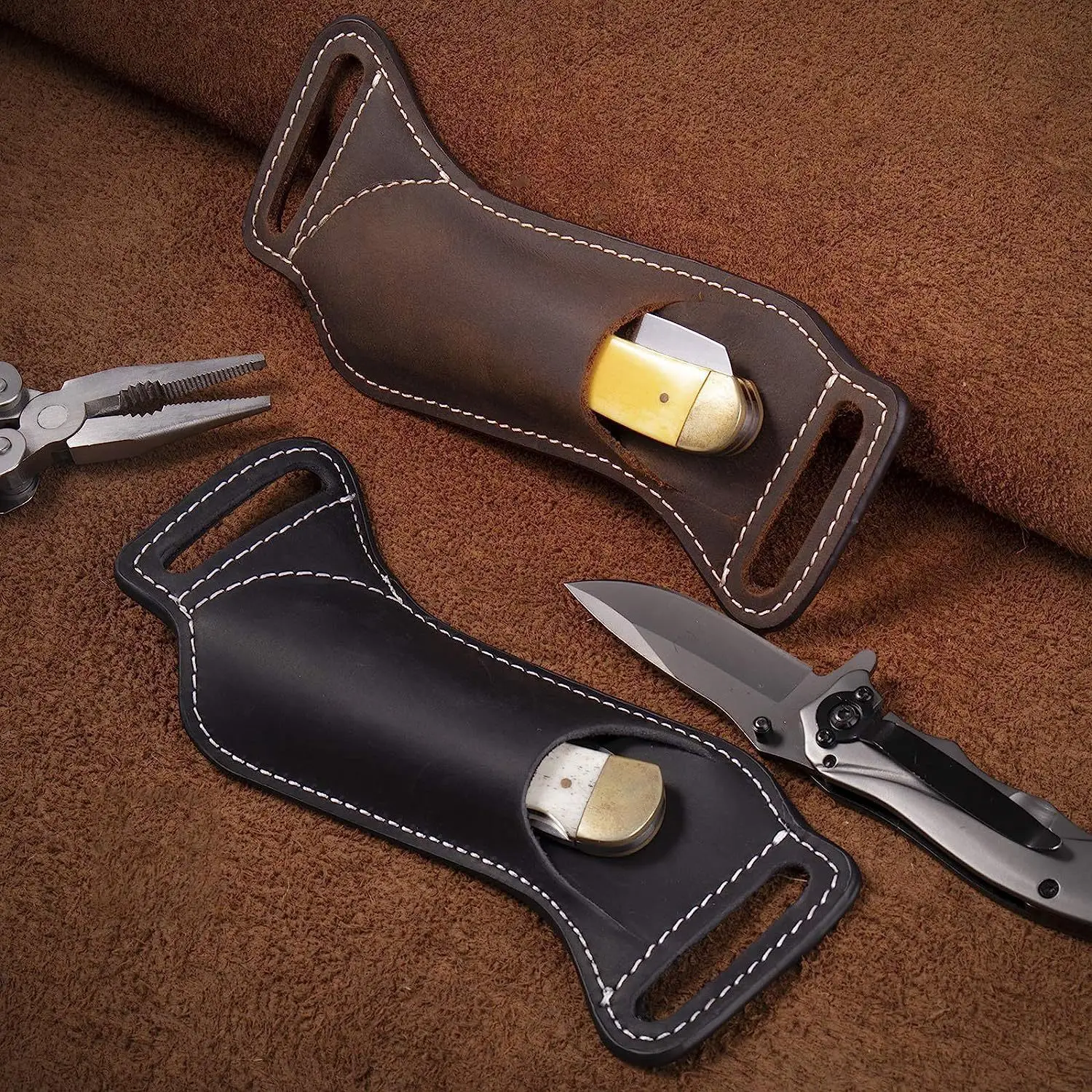 1 st Outdoor Tactiek Lederen Messen Schede EDC Lederen Schede voor Zakmessen Carrier Mini Messen Zaklamp Lederen Holsters