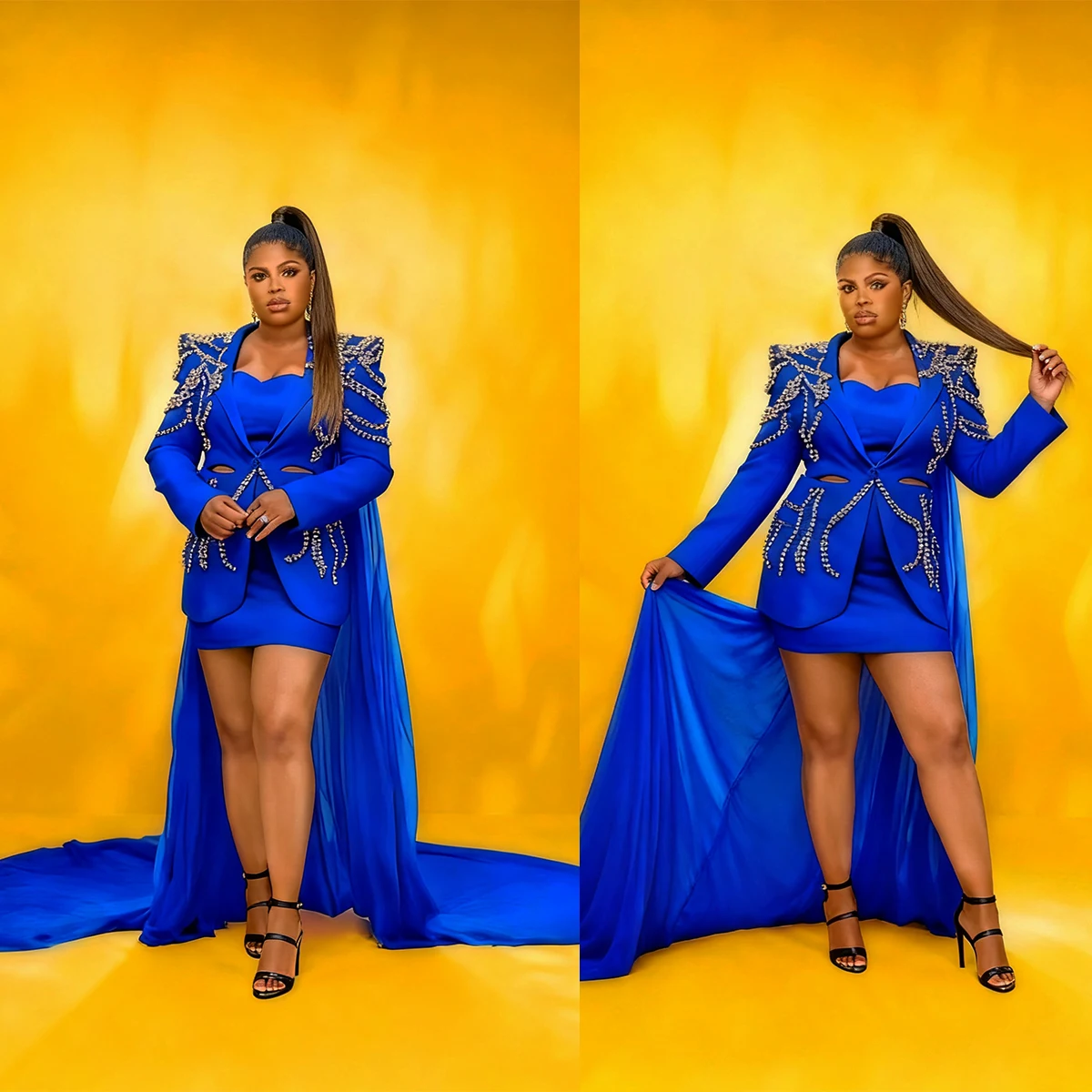 

Crystal Tea Length Women Blazer Dress With Tulle Train Wedding Guest Dresses Plus Size Customized Formal Outwear Jacket