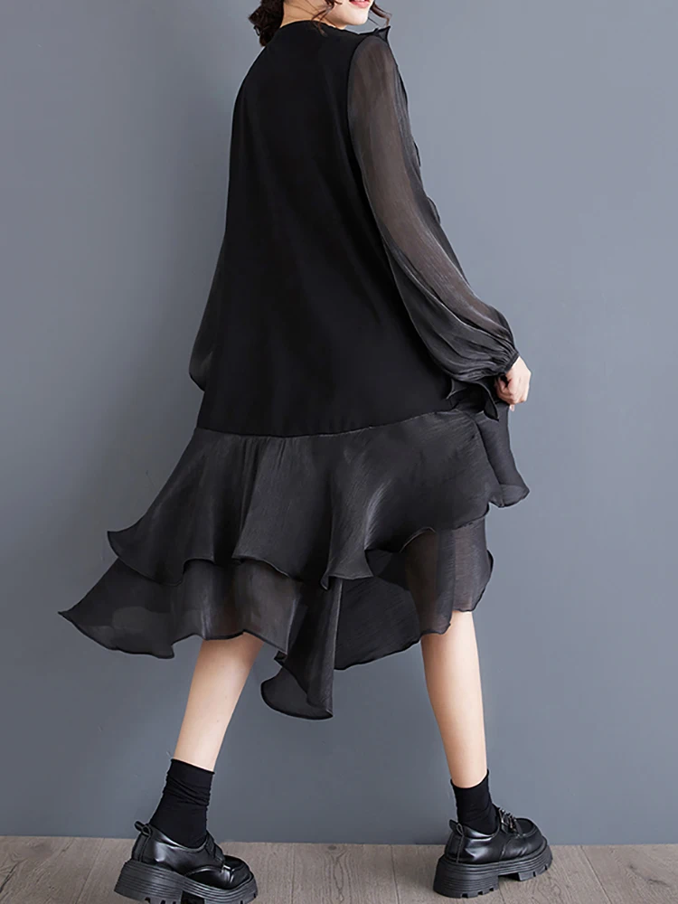 XITAO A-line Casual Solid Color Knee-length O-neck Dress Patchwork Full Sleeve Pullover Irregular Slimming Autumn Dress GMM1078