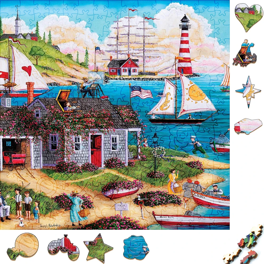 

Amazing Wooden Puzzles Seaside Sailing Cabin Scenery Wood Jigsaw Puzzle Craft Irregular Family Interactive Puzzle Gift for Kids