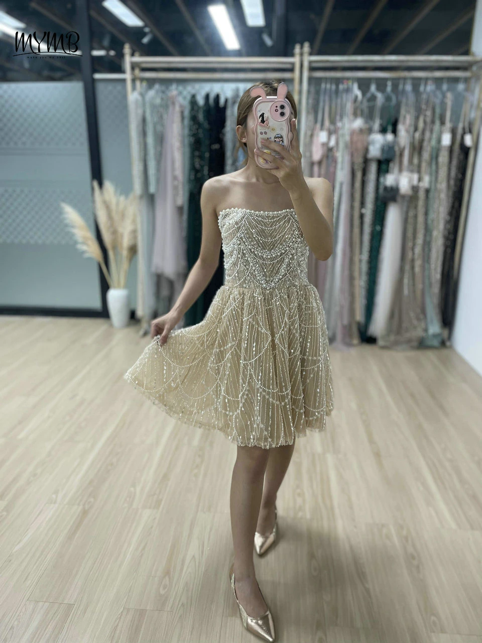 MYMB Champagne Mini Strapless Gorgerous Evening Gowns for Special Event Sparkle Beaded A-Line Short Cocktail Party Dress MY30105