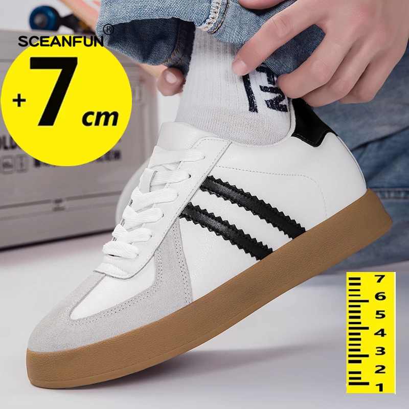 Tênis de elevador de couro genuíno para homens, saltos ocultos, sapatos para aumentar a altura, 7cm Opcional