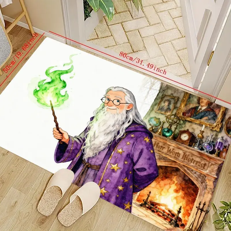

1PC Magical Wise Old Sorcerer Floor Mat with Glowing Green Wand & Cozy Fireplace Scene Design, Enchanting Fantasy Theme Non-Slip