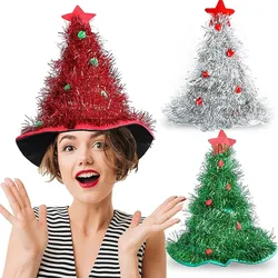 Christmas Tree Hats Fabric Rain Silk Hat for Adults Kids Funny Santa Hat with Tinsel Xmas Holiday Party Costume New Year Decor