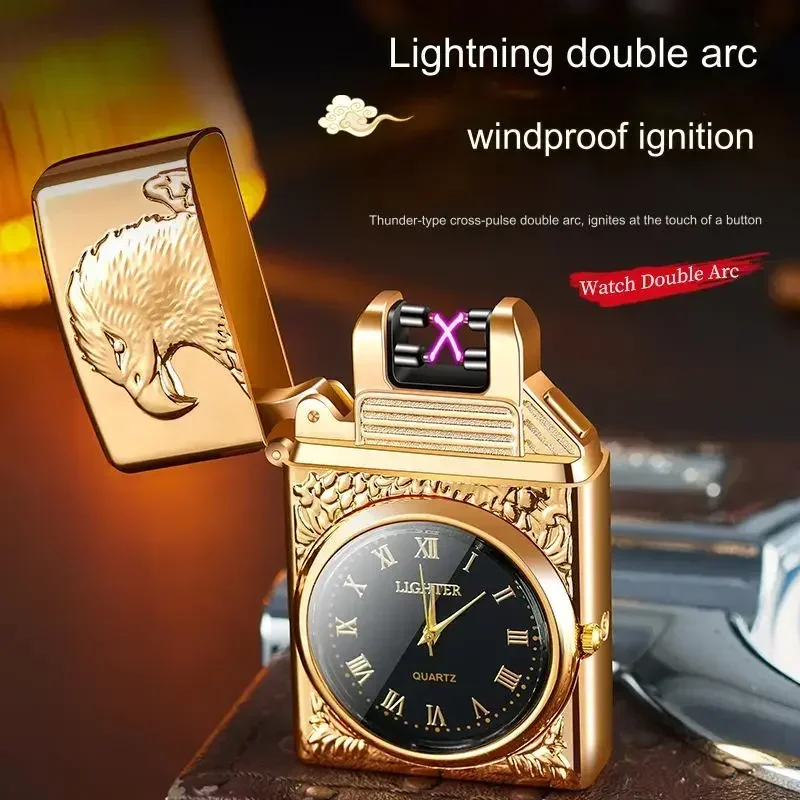 Metal Windproof Lighter Embossed Electronic Watch Dual Arc Rechargeable Lighter Pulse Cigarette Lighter Gift Smoking Accessories