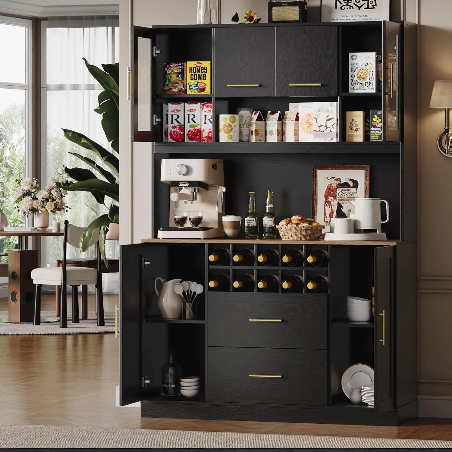 71인치 주방 팬트리 캐비닛, 전자레인지 스탠드 포함, 5개의 캐비닛, 2개의 서랍, 10개의 와인 랙, 모던 블랙 허치