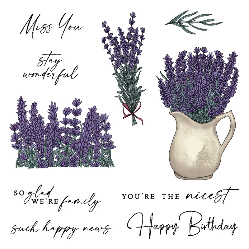 

Purple Lavender Flowers Cutting Dies Clear Stamp Happy Birthday DIY Scrapbooking Decor Metal Dies Stamps For Card