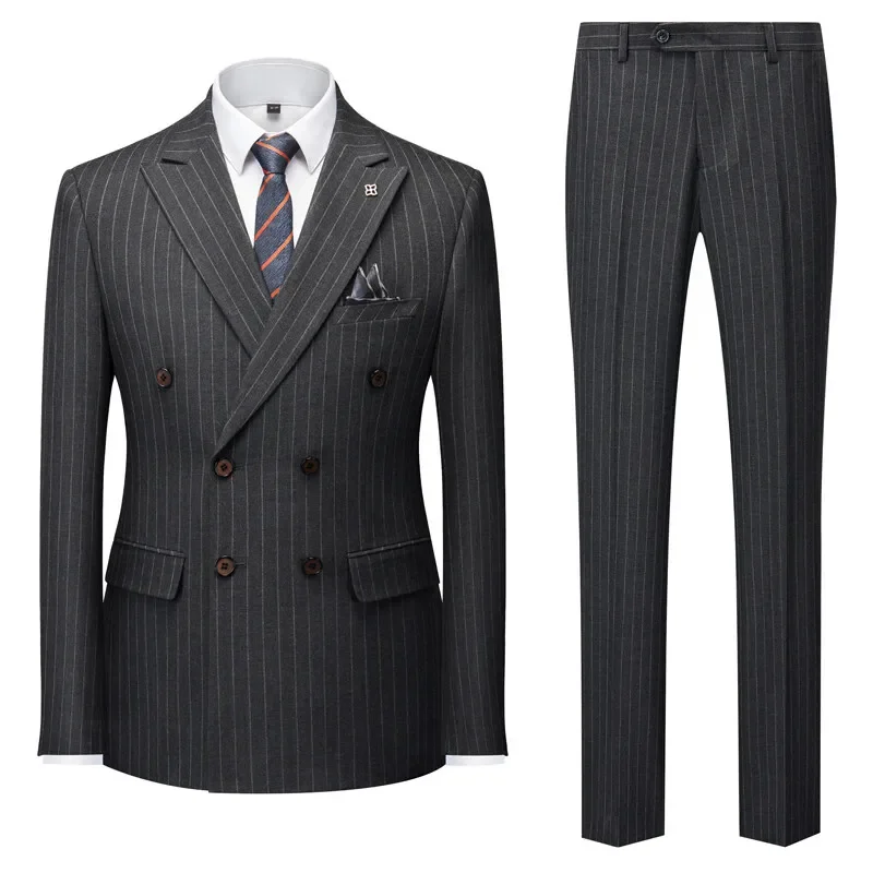 LIBIELIY 2025 New Men's Business Handsome Double-breasted Suit Set Korean Version Slim Fashion Casual Suit Two-piece Set