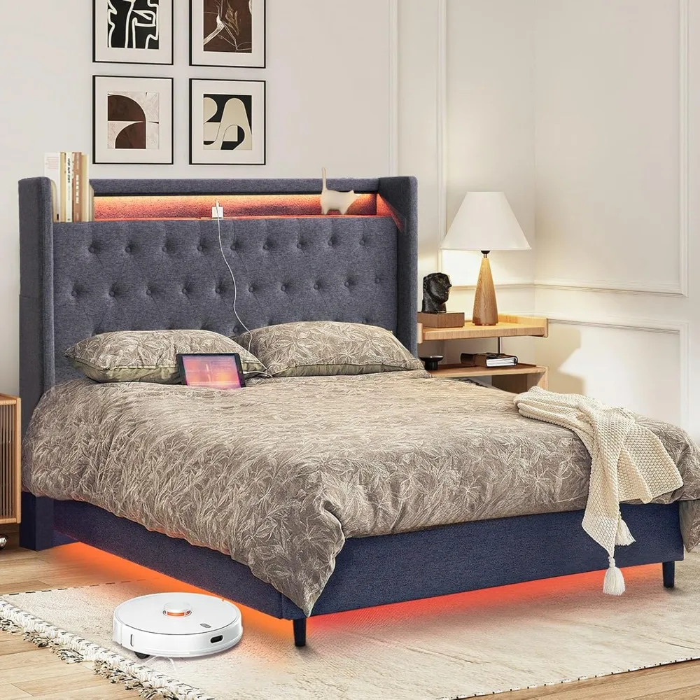 Bed Frame with Headboard, Upholstered , Bed Frame with LED Lights and Charging Station, Tufted