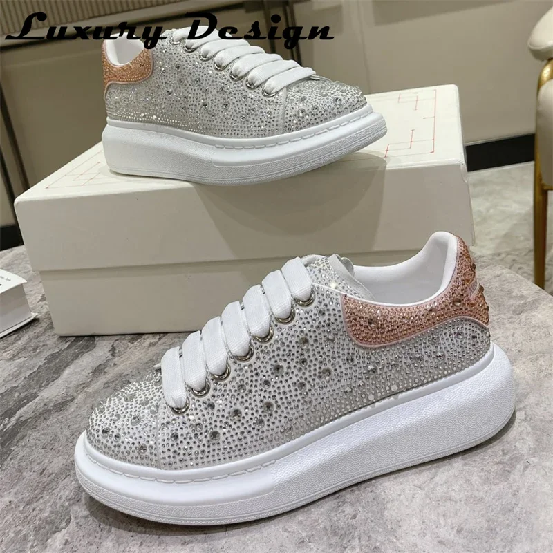 Luxury Rhinestone Sneakers Men Platform Casual Shoes Round Toe Lace-up Walking Shoes Woman Solid Color Crystal Designer Sneakers