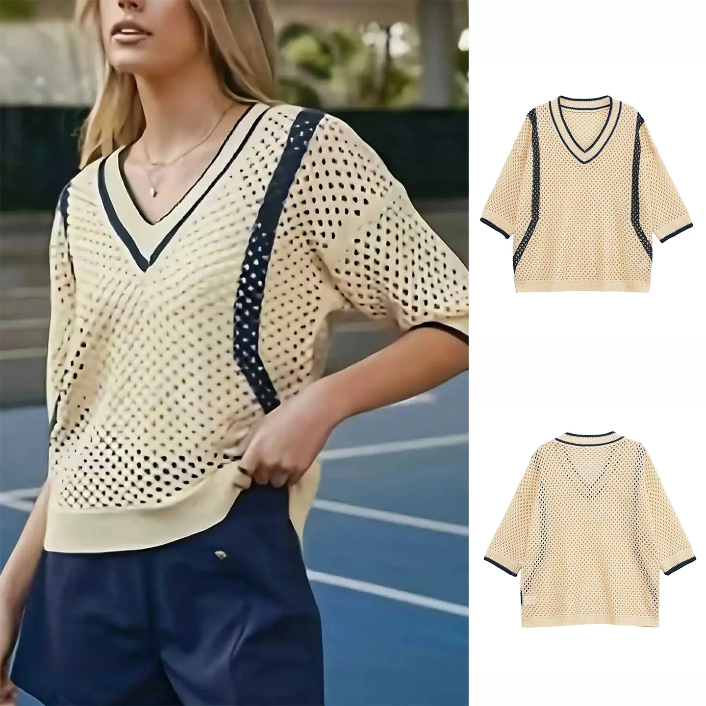 

Осень 2023, новинка Ins Sle Color Blo, ажурный дизайн, V Ne ort Sve, вязаный свитер, женский свитер из полиэфирного волокна