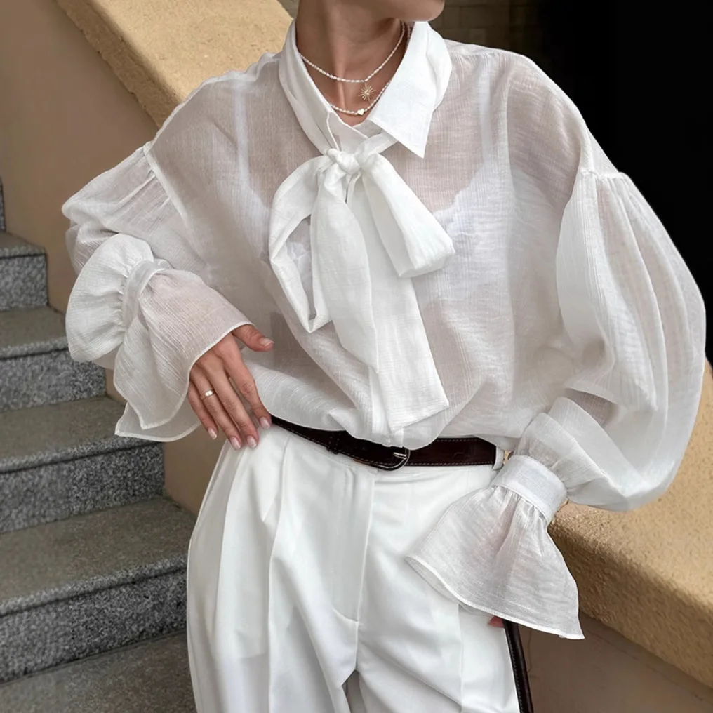 Women's Tencel Lace-up Shirt Fashion Loose Lapel Solid Color Long Sleeve See-through Shirt Elegant Single Breasted Shirt Top
