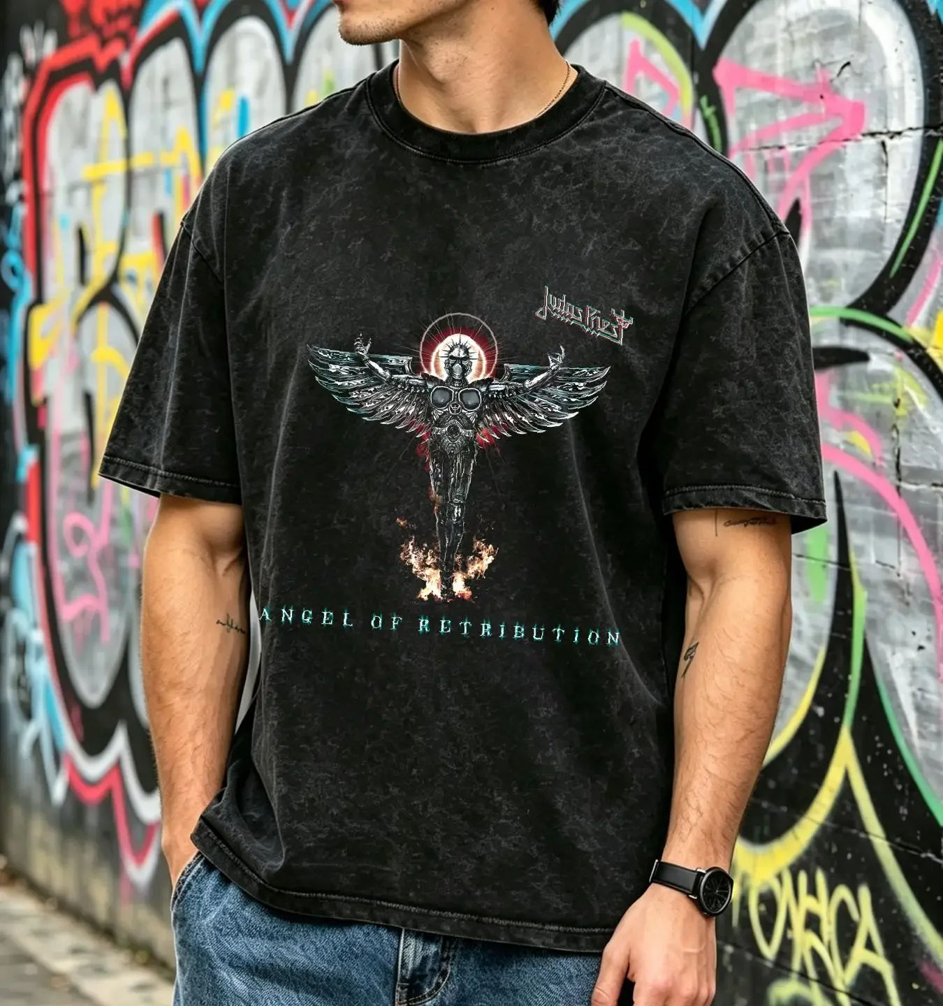 washed T Shirt Cotton Judas Priest Angel of Retribution Album Ian Hill Rob Halford vintage Washed Comfortable Stylish Versatile