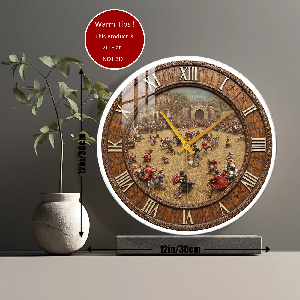 Tempered Glass Wall Clock Medieval Crowd Battle Scene Suitable For Wall Decor or Tabletop Display Anywhere