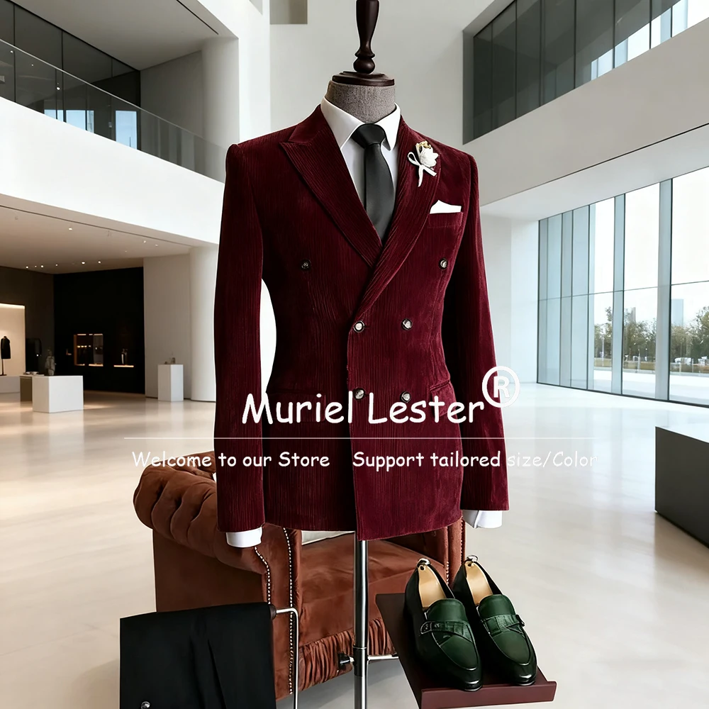 

Бордовые вельветовые костюмы по индивидуальному заказу, мужские двубортные костюмы из 2 предметов, куртка, брюки, комплекты блейзеров, банкетный деловой костюм для вечеринок Homme