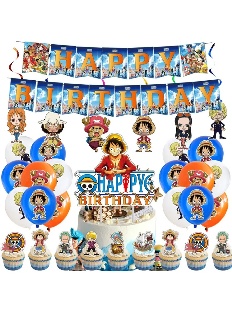 Anime One Piece D. Luffy Décoration de fête d'anniversaire tirer le drapeau, ballon, décoration de gâteau, tasse, assiette... Fournitures de fête d'anniversaire